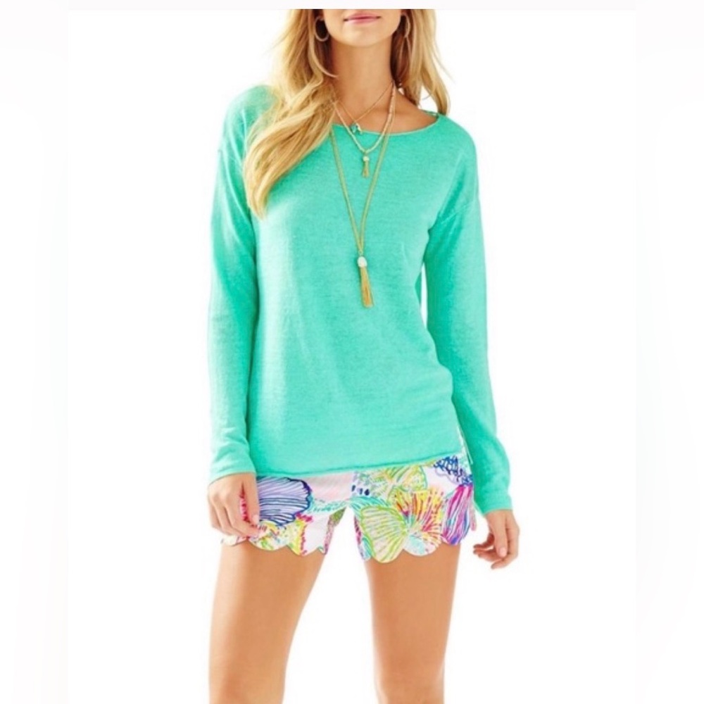 Lilly Pulitzer Alana Boatneck Linen Long Sleeve Light Sweater Top Sea Green